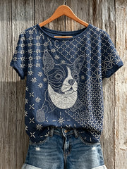 T-shirt femme manches courtes en lin Bulldog Japanese Sashiko Art Print