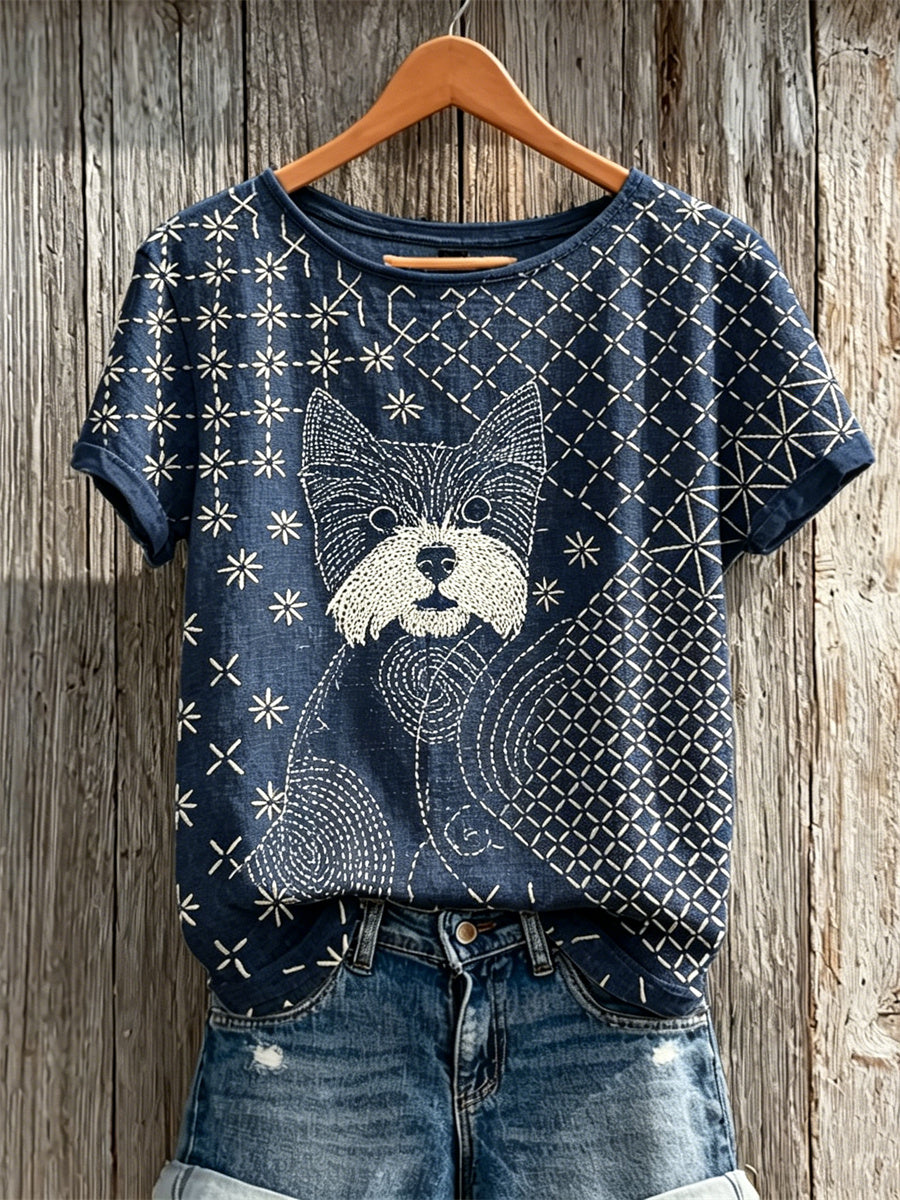 T-shirt à manches courtes en lin pour femme YorkshireTerrier chien japonais Sashiko Art Print