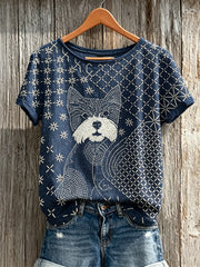 T-shirt à manches courtes en lin pour femme YorkshireTerrier chien japonais Sashiko Art Print