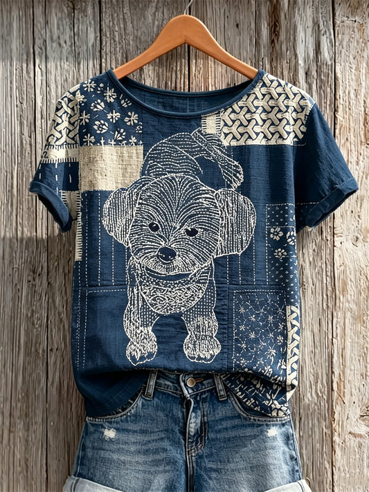 Femme Fuzzy Maltais Chien Japonais Sashiko Art Print lin manches courtes T-shirt