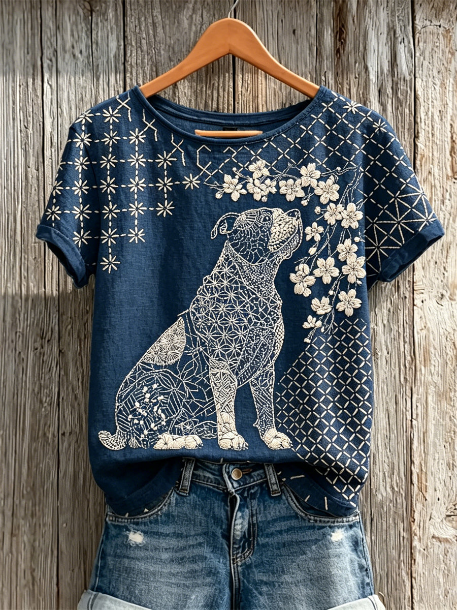 T-shirt à manches courtes femme Bulldog & Cherry Blossom Sashiko Japonais Imprimé Art en lin