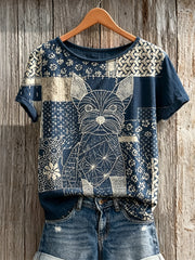 T-shirt japonais à manches courtes en lin, imprimé artistique sashiko représentant une chienne Yorkshire‑terrier pour femme