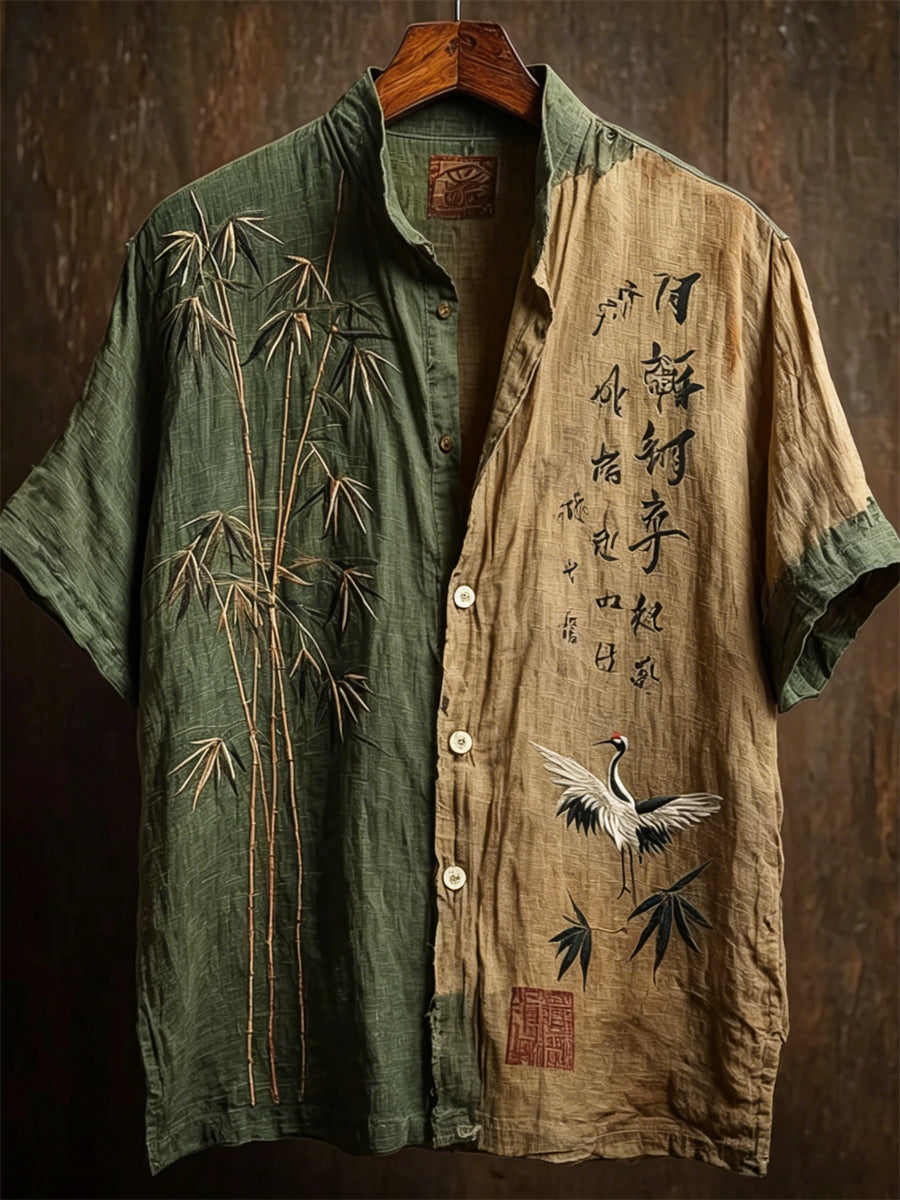 Grues japonaises et chemise en bambou à manches courtes pour hommes