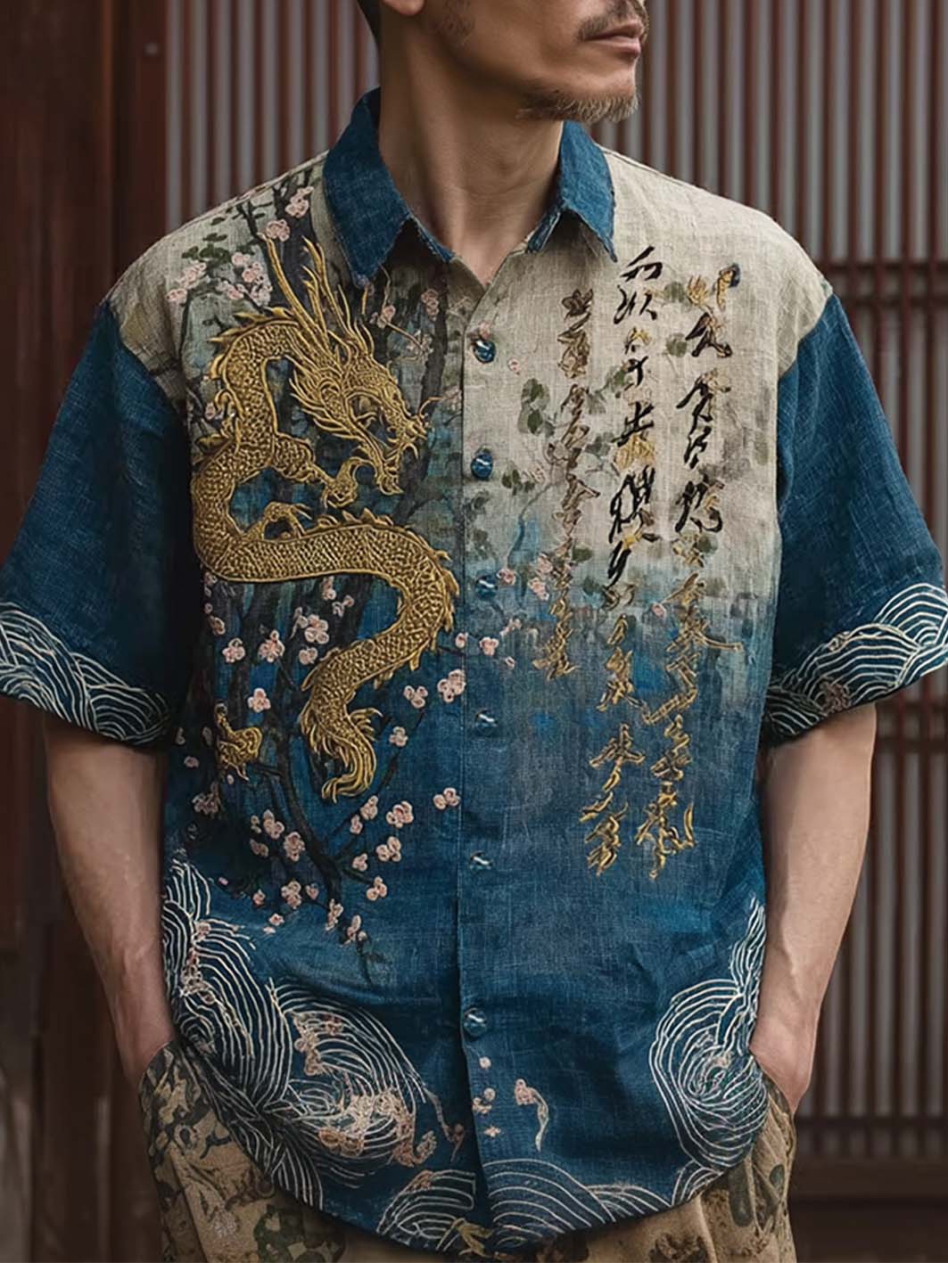 Chemise à manches courtes décontractée à motif de fleurs de style art japonais pour hommes