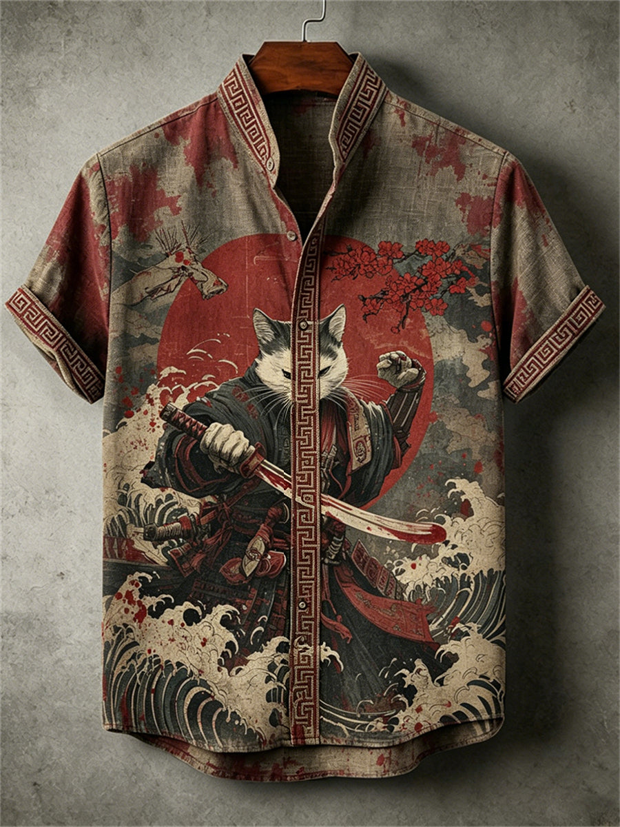 Chemise Bloody Cat Samurai Sea Waves Japanese Art Print pour homme