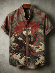 Chemise Bloody Cat Samurai Sea Waves Japanese Art Print pour homme