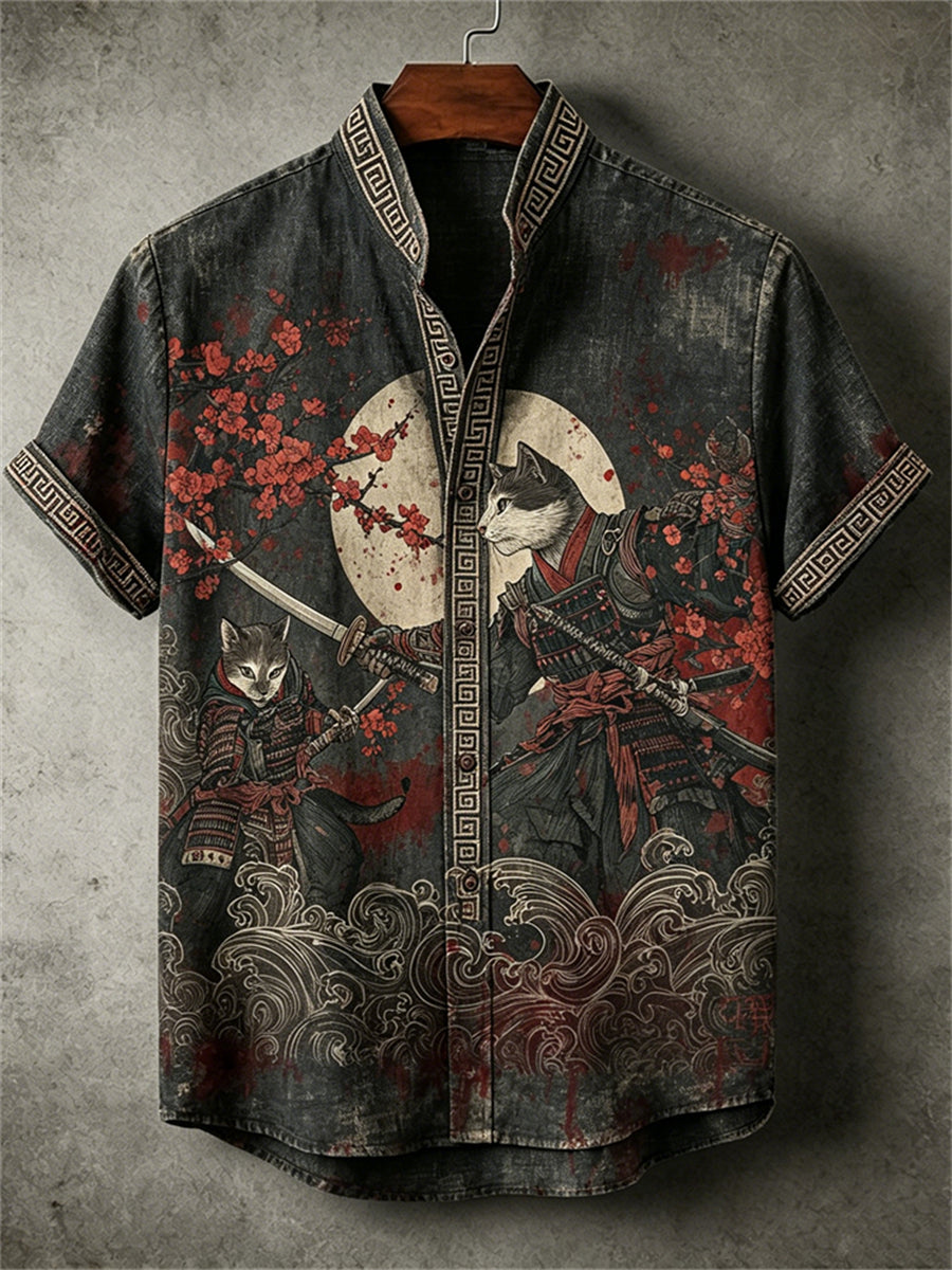 Chemise pour homme Cat Samurai Duel Full Moon Bloody Japanese Art Print
