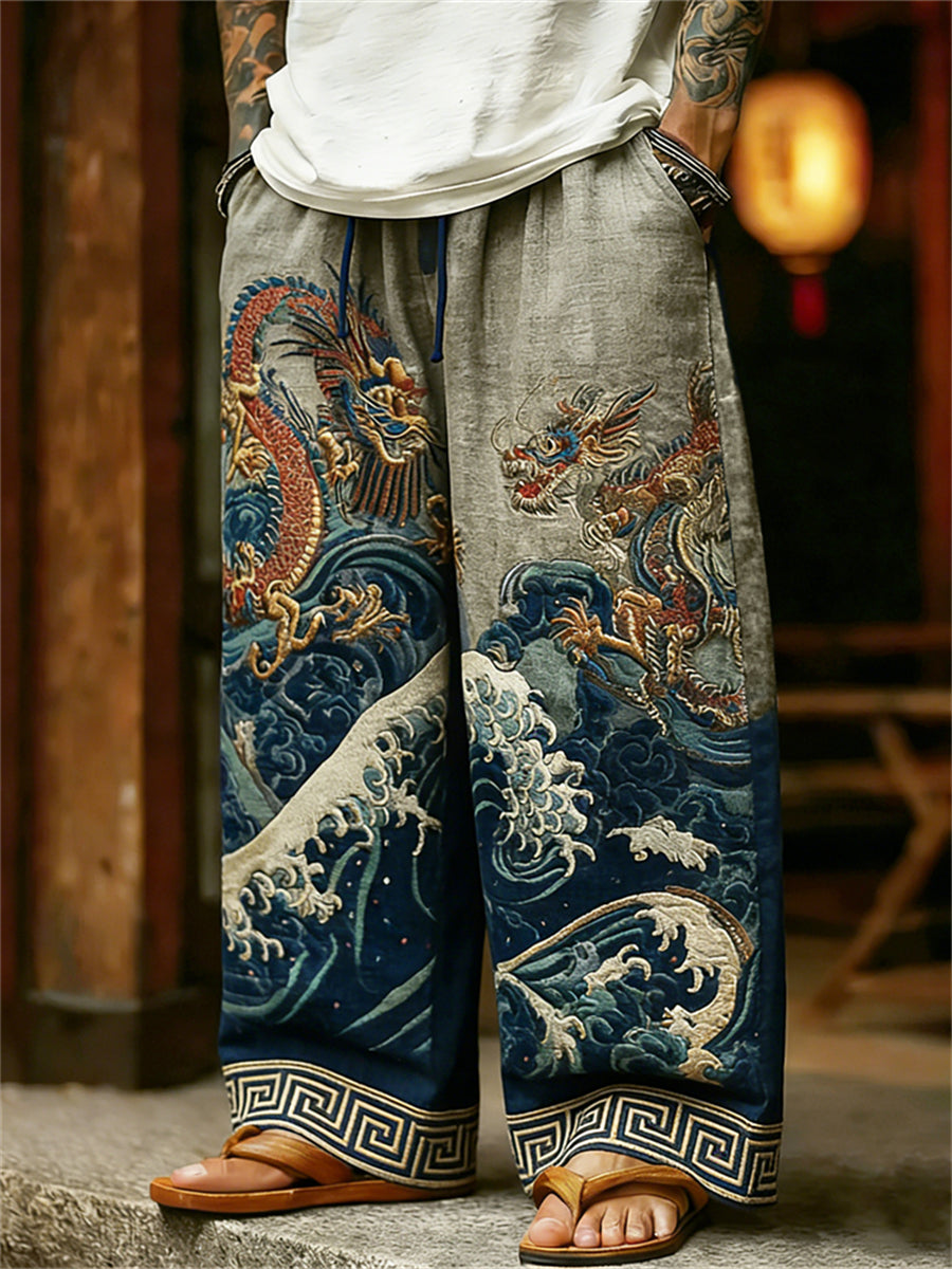 Pantalon en lin imprimé vagues de mer dragons japonais pour hommes