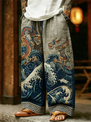 Pantalon en lin imprimé vagues de mer dragons japonais pour hommes