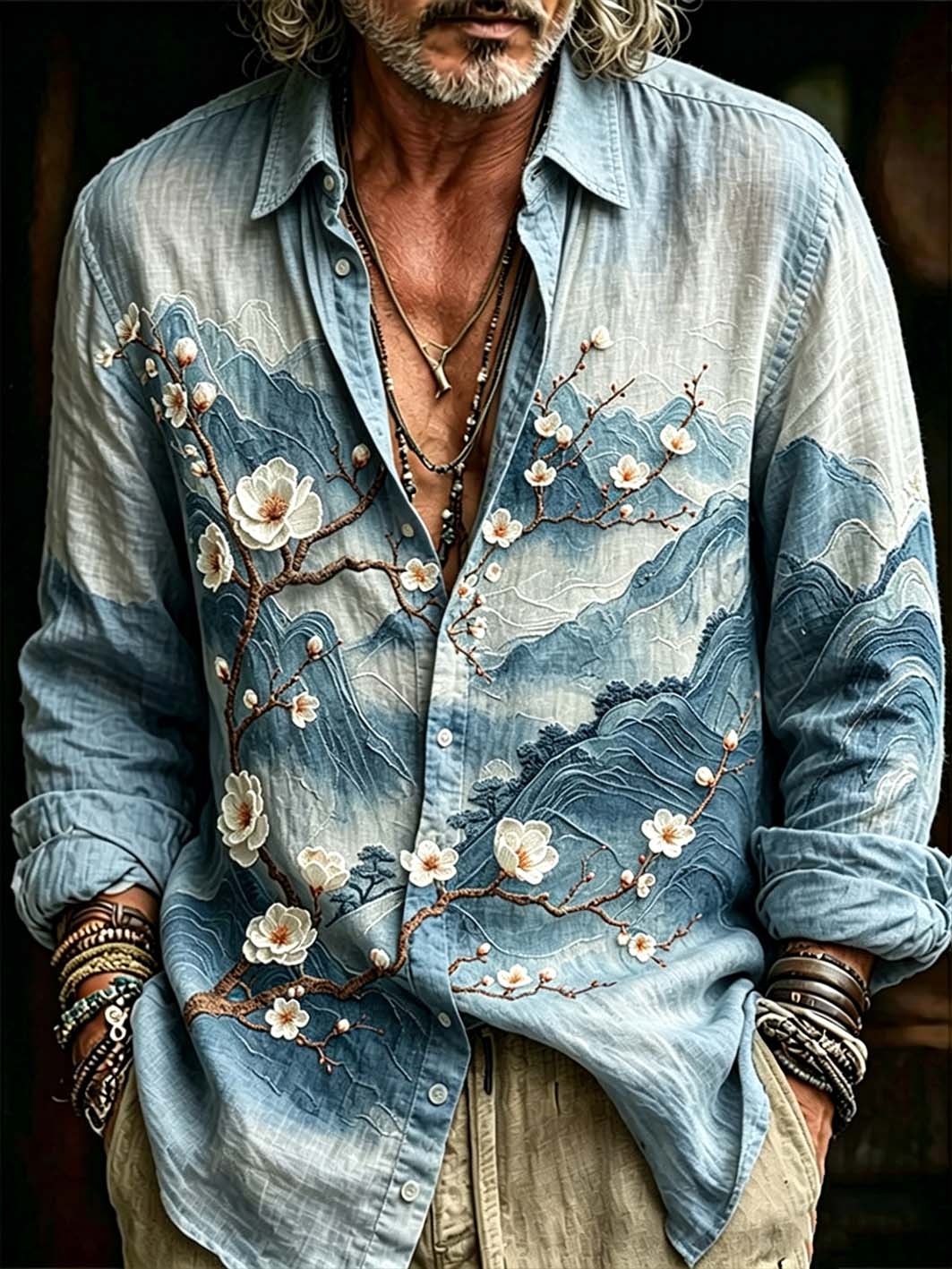 Chemise à manches longues imprimée peinture de paysage rétro art japonais pour hommes