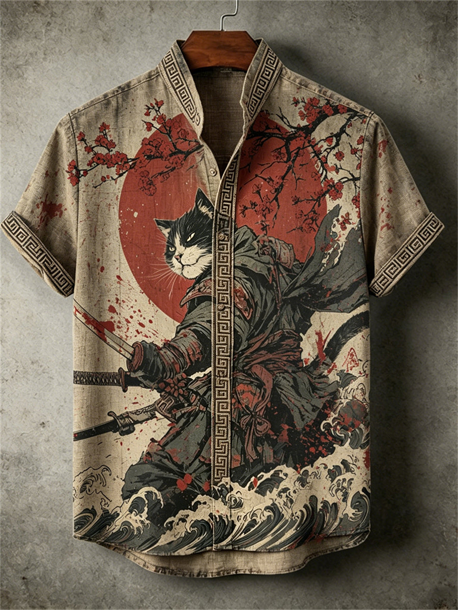 Chemise pour homme Cruel Cat Samurai Sunrise Japanese Art Print
