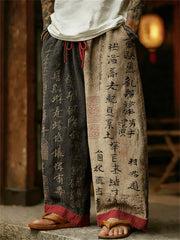 Pantalon en lin de couleur contrastante imprimé art calligraphie japonaise pour hommes