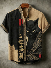 Homme Noir Chat Samouraï Calligraphie Contraste Encre Art Imprimer chemise