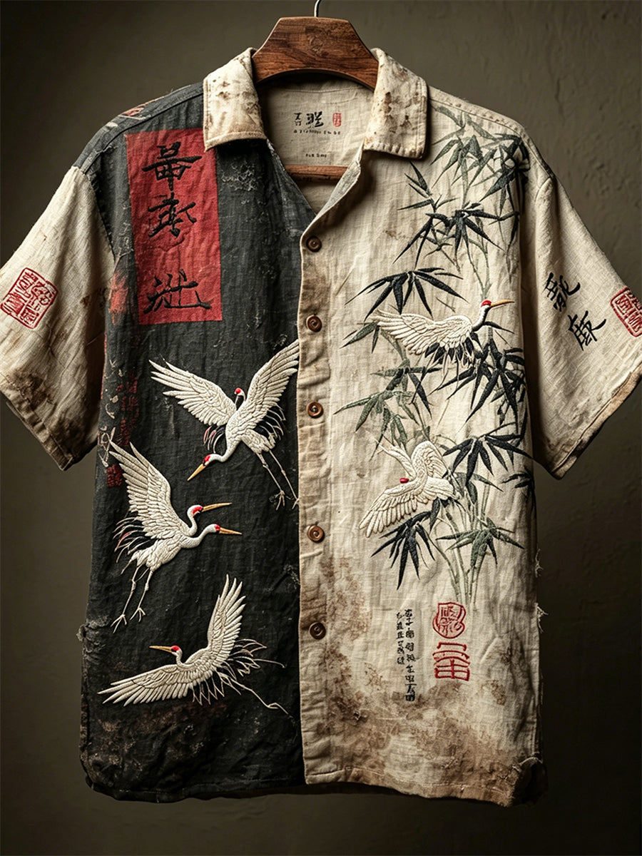 Grues japonaises et chemise imprimée à manches courtes en bambou pour hommes