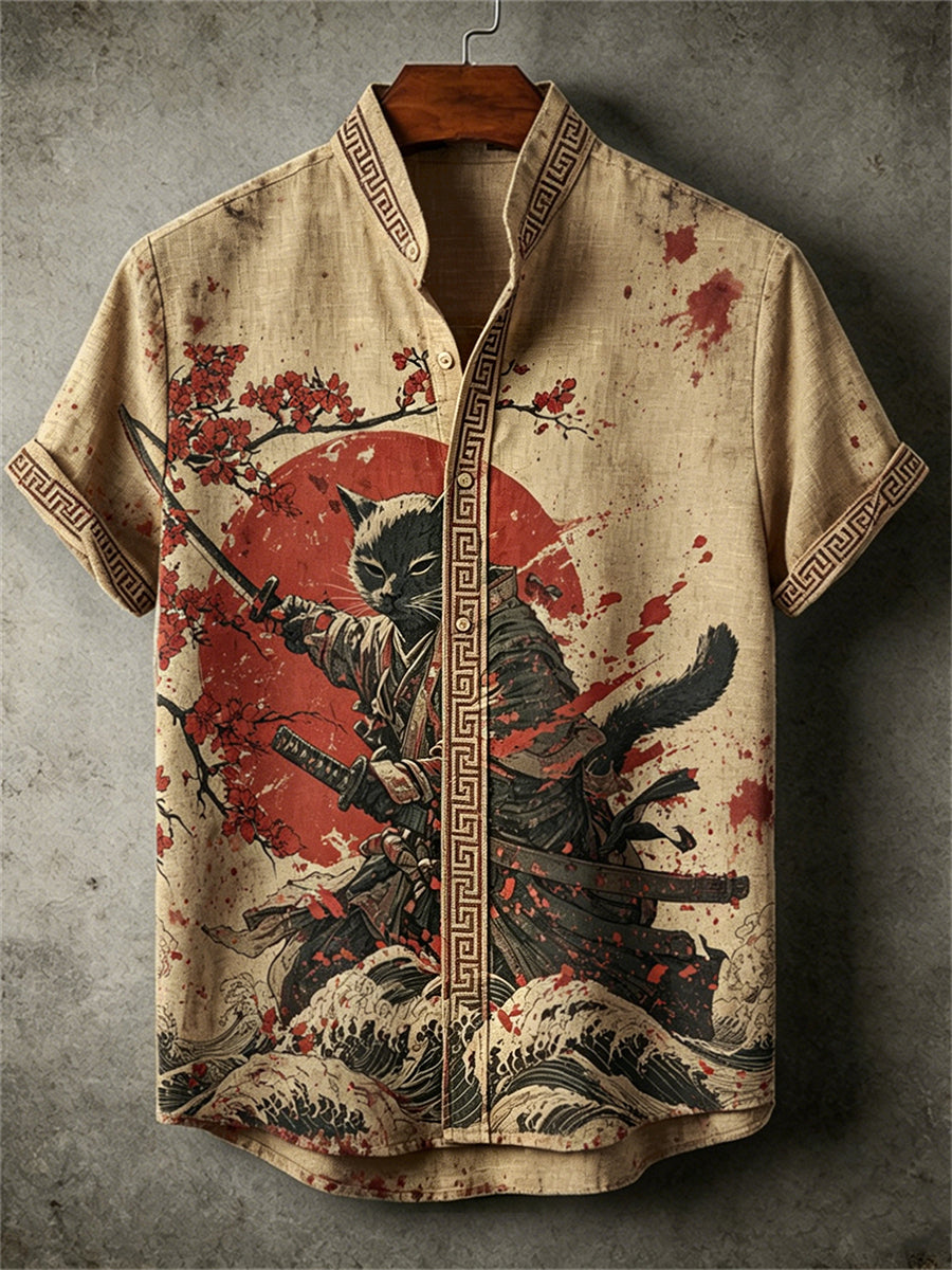 Chemise Bloody Cat Samurai Sea Waves Sunrise Japanese Print pour homme