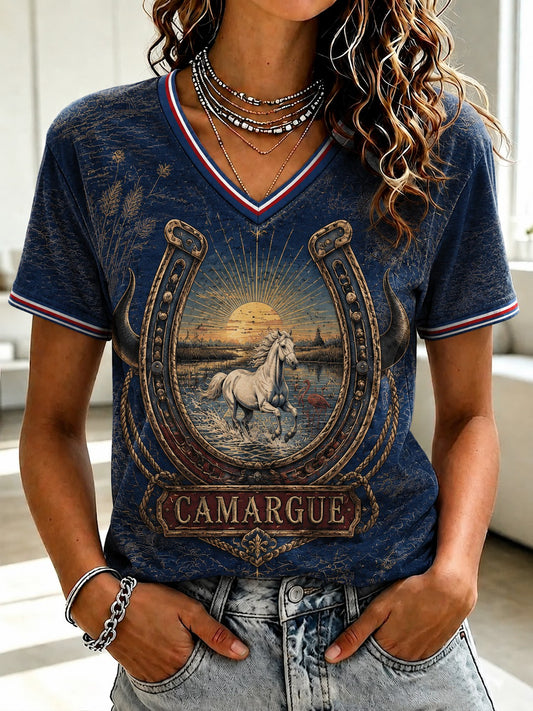 T-shirt femme France Camargue à col en V imprimé