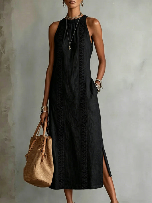 Robe longue en lin sans manches, à fente latérale, élégante et sobre pour femme