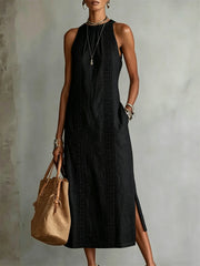 Robe longue en lin sans manches, à fente latérale, élégante et sobre pour femme