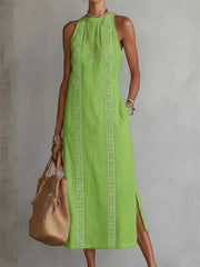 Robe longue en lin sans manches, à fente latérale, élégante et sobre pour femme