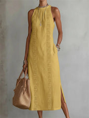 Robe longue en lin sans manches, à fente latérale, élégante et sobre pour femme