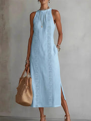 Robe longue en lin sans manches, à fente latérale, élégante et sobre pour femme
