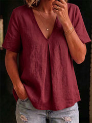 T-shirt femme à manches courtes en lin Simple Mid Pinched V Neck