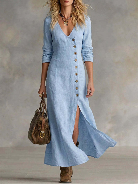 Les femmes Vintage Classy côté boutons fente bas Flowy Maxi robe