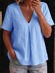 T-shirt femme à manches courtes en lin Simple Mid Pinched V Neck