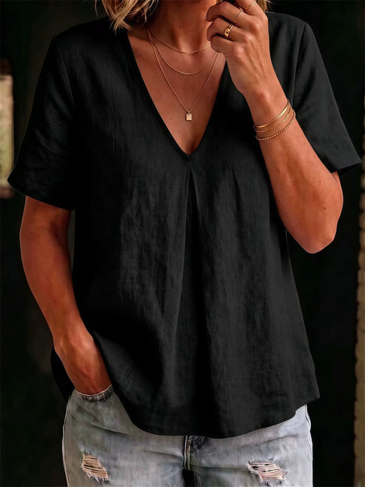 T-shirt femme à manches courtes en lin Simple Mid Pinched V Neck