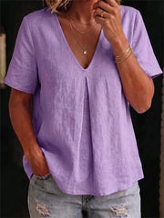T-shirt femme à manches courtes en lin Simple Mid Pinched V Neck
