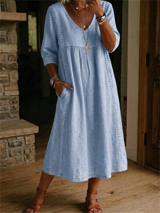 Simple dentelle patchwork plissé mi-manches maxi robe des femmes