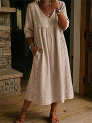 Simple dentelle patchwork plissé mi-manches maxi robe des femmes
