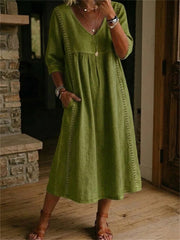 Simple dentelle patchwork plissé mi-manches maxi robe des femmes
