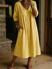 Simple dentelle patchwork plissé mi-manches maxi robe des femmes