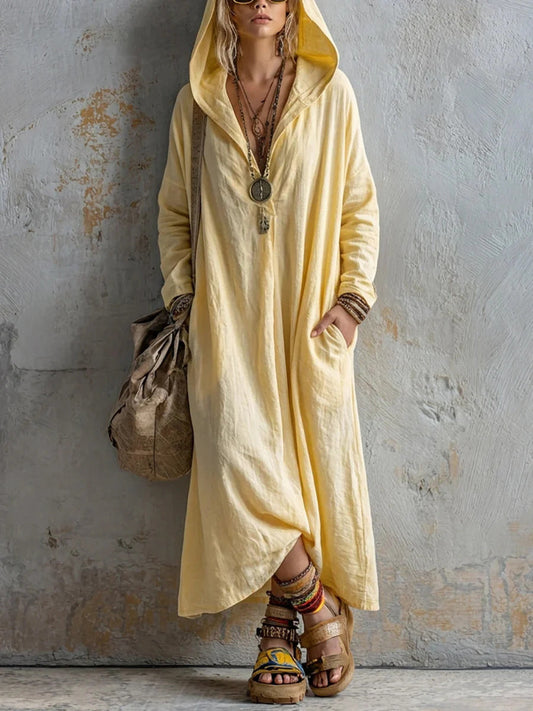 Robe maxi en lin à capuche décontractée pour femmes