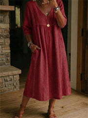 Simple dentelle patchwork plissé mi-manches maxi robe des femmes