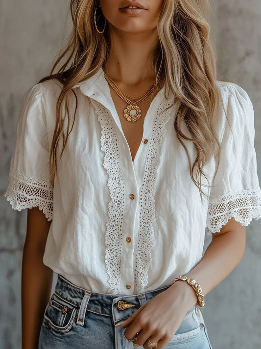 Chemise à manches courtes confortable Vintage Lace Trim Femme