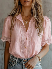 Chemise à manches courtes confortable Vintage Lace Trim Femme