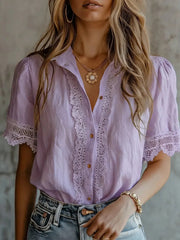 Chemise à manches courtes confortable Vintage Lace Trim Femme
