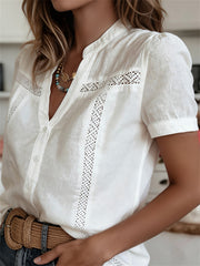 Chemise décontractée en dentelle creuse de style français pour femmes
