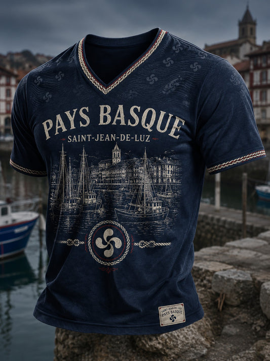 T-shirt pour homme à col en V, imprimé Pays basque
