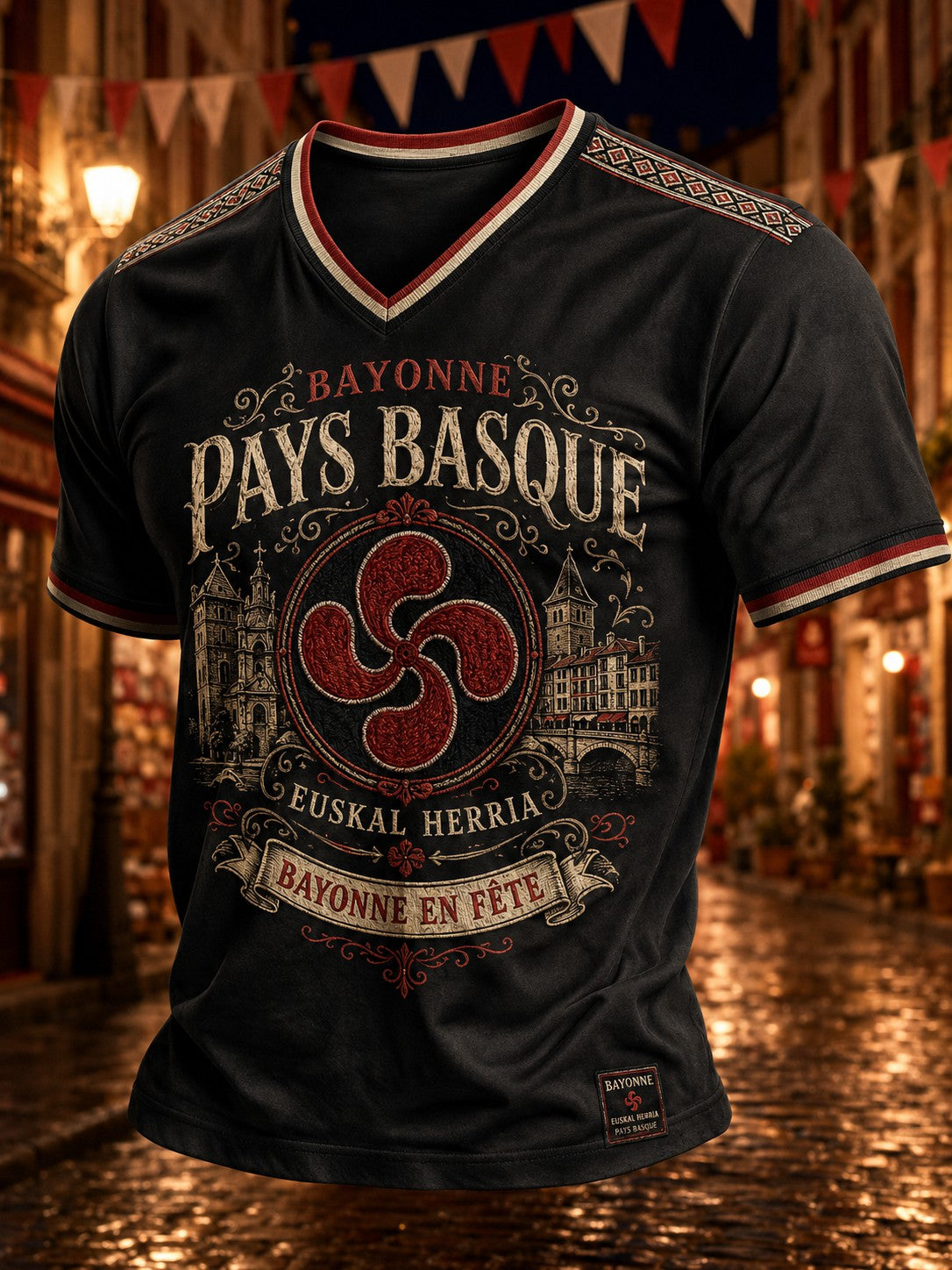 T-shirt pour homme à col en V, imprimé Pays basque