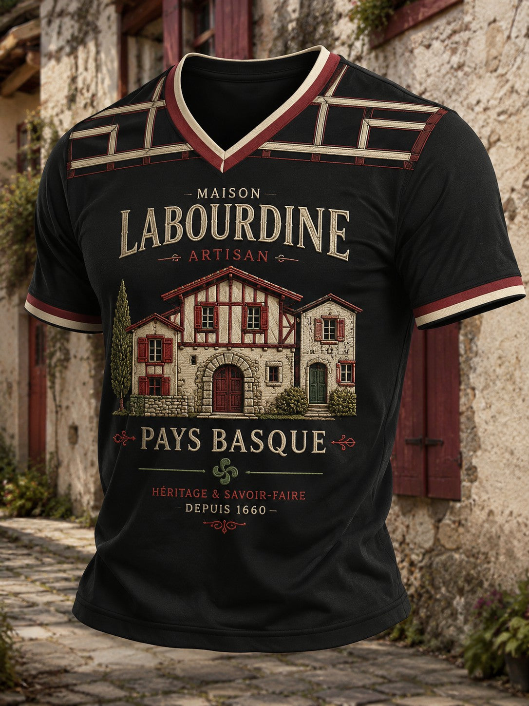 T-shirt pour homme à col en V, imprimé Pays basque