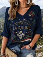 T-shirt à manches mi-longues et col en V pour femme, imprimé Pays basque