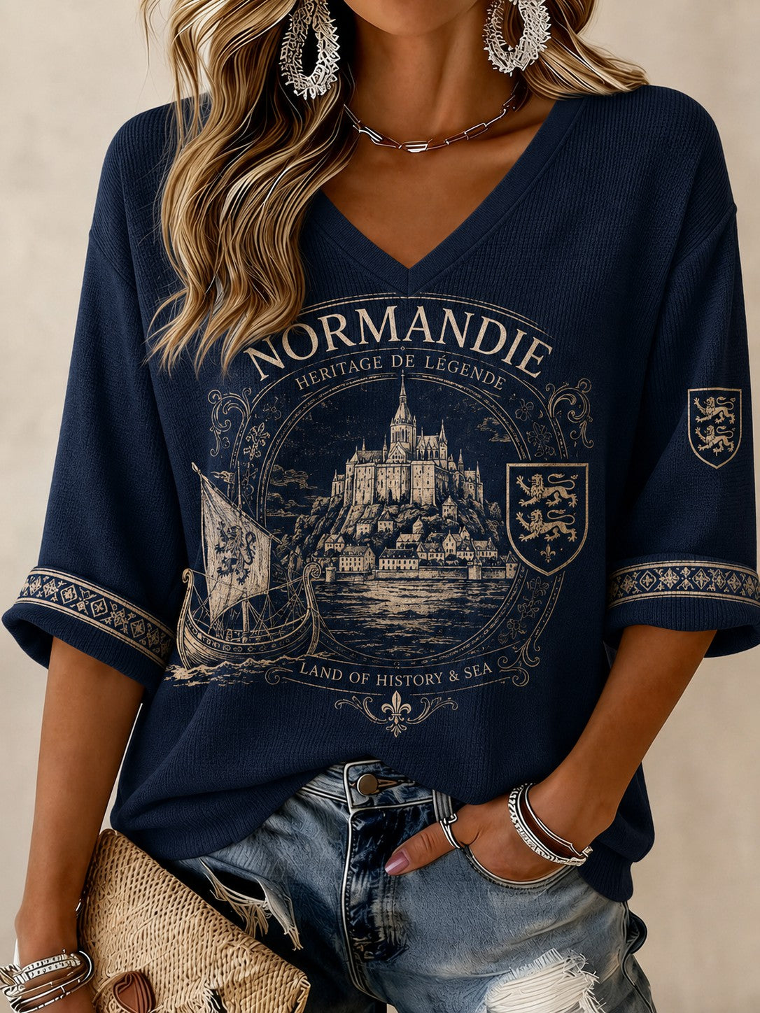 T-shirt femme à manches mi-longues et col en V, imprimé France Normandie