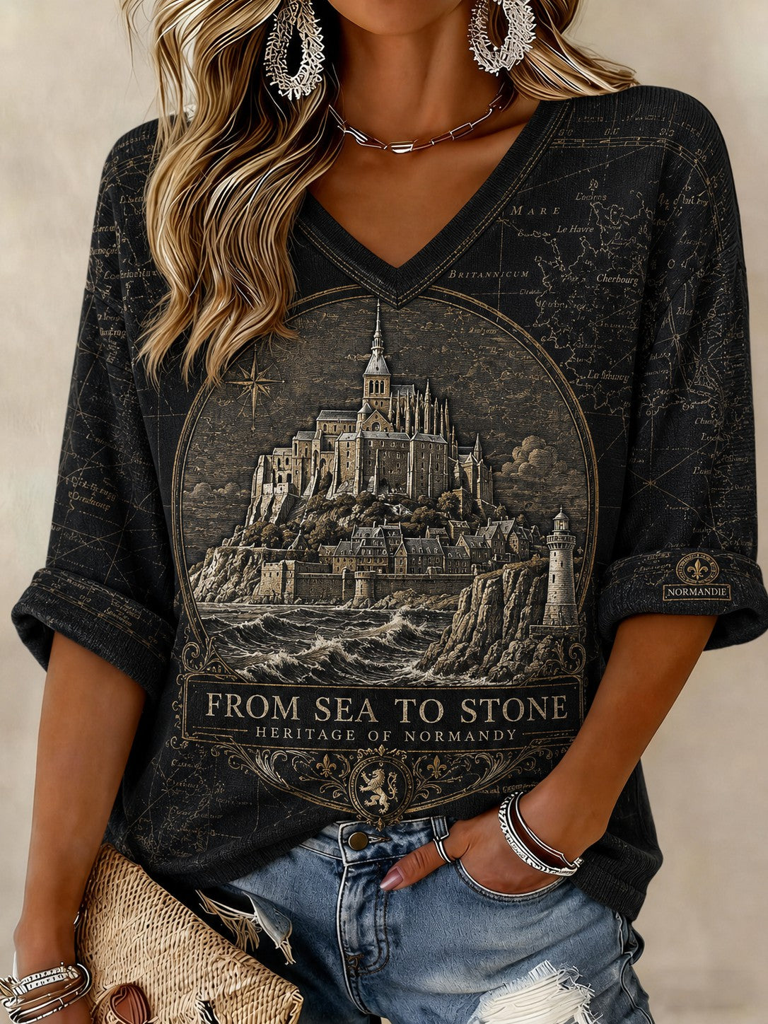 T-shirt femme à manches mi-longues et col en V, imprimé France Normandie