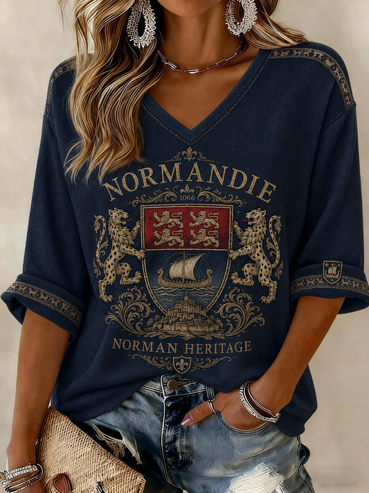 T-shirt femme à manches mi-longues et col en V, imprimé France Normandie