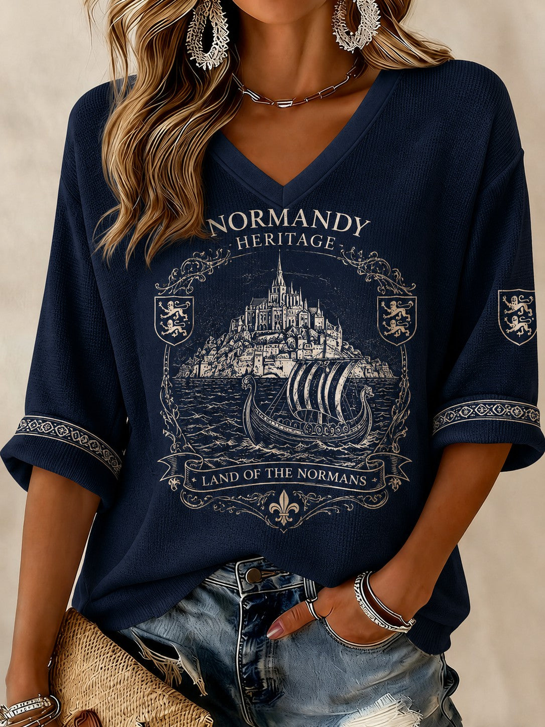 T-shirt femme à manches mi-longues et col en V, imprimé France Normandie