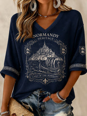 T-shirt femme à manches mi-longues et col en V, imprimé France Normandie