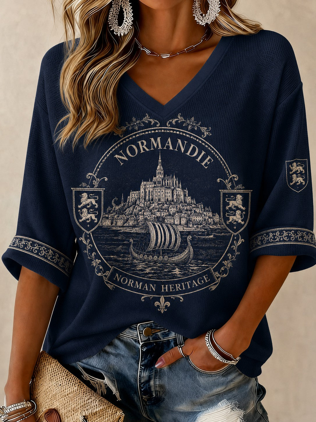 T-shirt femme à manches mi-longues et col en V, imprimé France Normandie